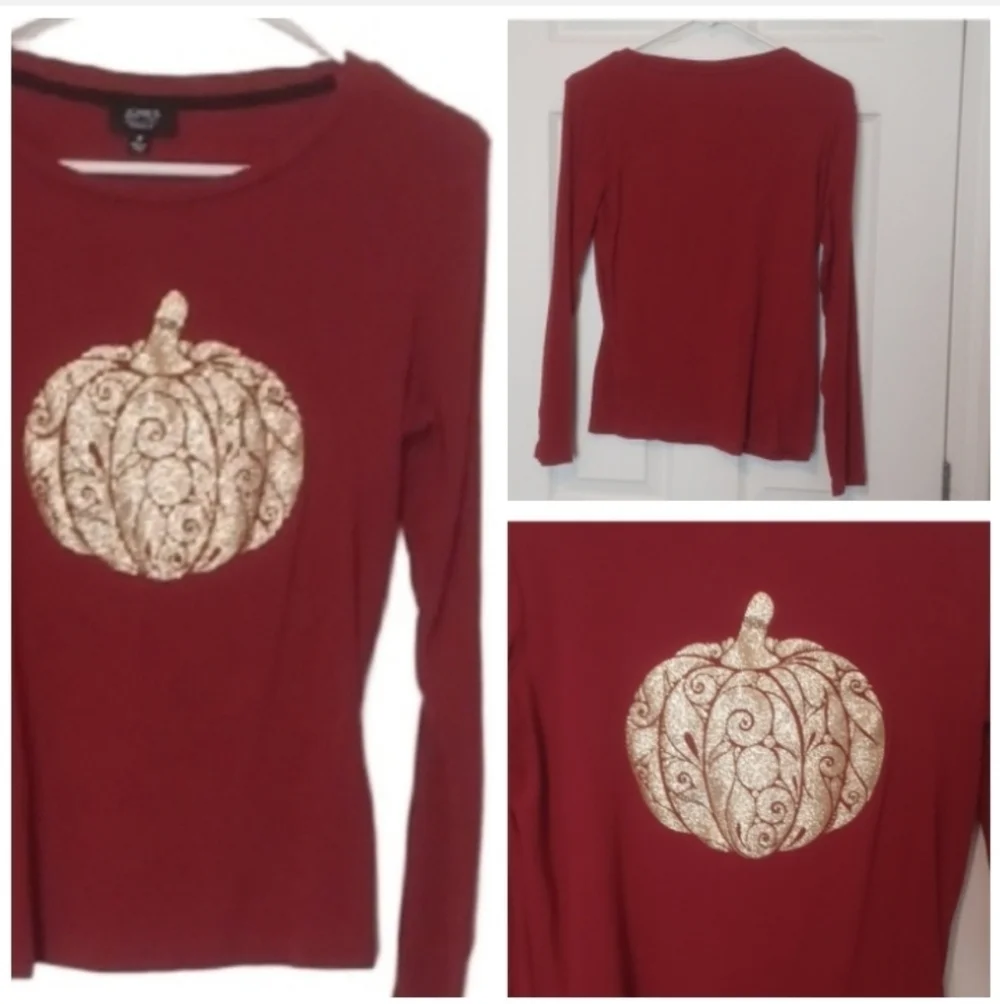 -- Long Sleeve Top with Gold Pumpkin Design - Picture 2 of 10